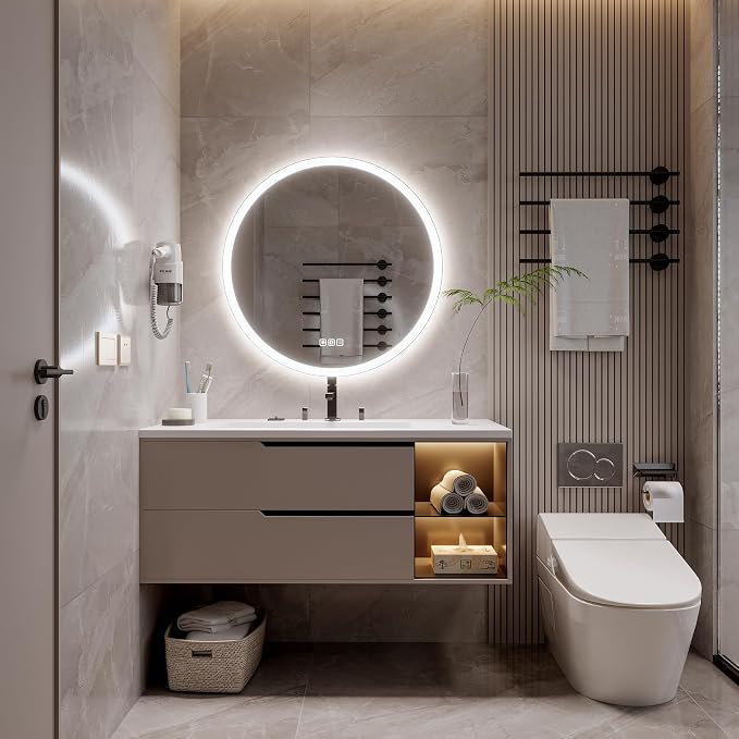 20inches Round LED Mirror,samrt Mirror Bathroom,Wall Bathroom Mirror with Light,Anti- Fog,3 Colors Dimmable,Front and Backlit,CRI90+,Touch Button