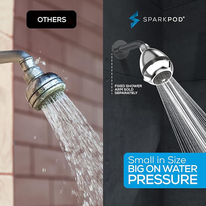 SparkPod High Pressure Shower Head, 3 Inch Fixed Showerhead, Chorme | Rain, Pulsating & Combo Modes, Helps Boosts Low Water Pressure, Anti-Clog Nozzles, Easy Install