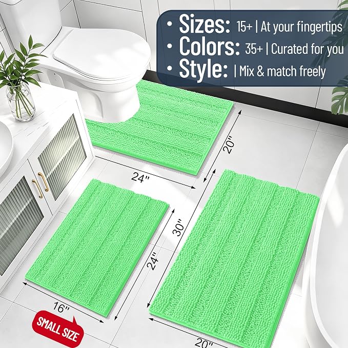 Smiry Thick Small Chenille Bathroom Rugs 24x16, Soft Bath Mat, Mint Green | Quick‑Dry & Machine Washable, Non‑Slip Bath Carpet, Striped Bath Rugs for Tub & Shower, Modern Home Decor Accessories