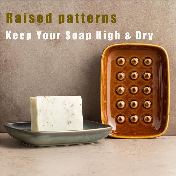 Miamolo Bar Soap Holder, Ceramic Soap Dish for Bathroom, Keep Soap Dry | Raised Ridges Extends Bar Life | Weighted Soap Tray, Non-Slip | for Kitchen Sink Bathtub Shower, Dishwasher Safe, Dark Green