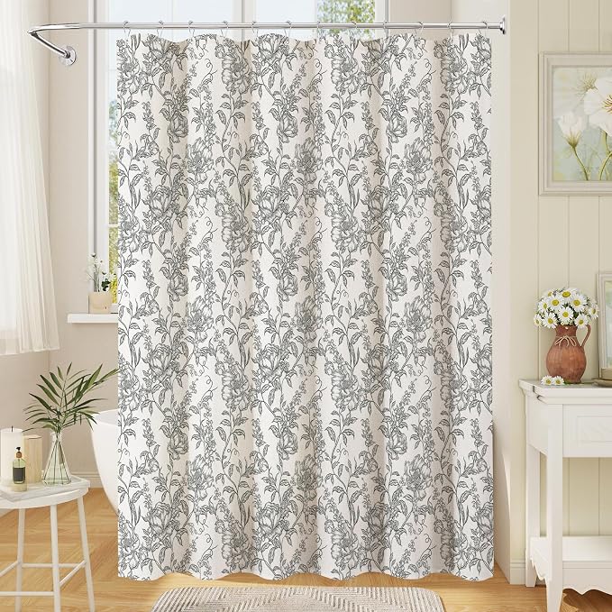 Black Boho Linen Shower Curtain, Farmhouse Floral for Bathroom | Botanical floral print. Rustic farmhouse boho decor. Durable linen blend fabric. Machine washable for easy care. 72x78