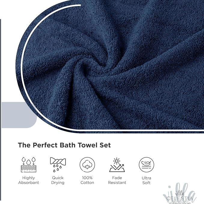 Villa Celestia 24-Piece 100% Cotton Towel Set, 6 Bath Towels, 6 Hand Towels, 12 Wash Cloth, Quick-Dry, Navy Blue