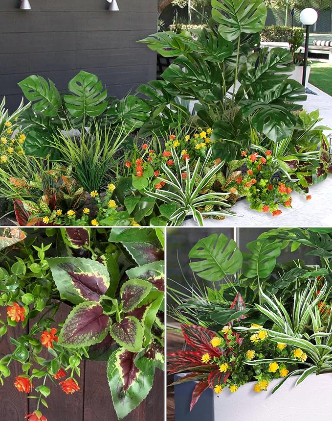 18 Pcs Artificial Plants for Outdoors Fake Greenery Stems | Faux boxwood shrubs flowers, UV resistant, indoor outdoor porch patio garden table vase window box spring summer home decor