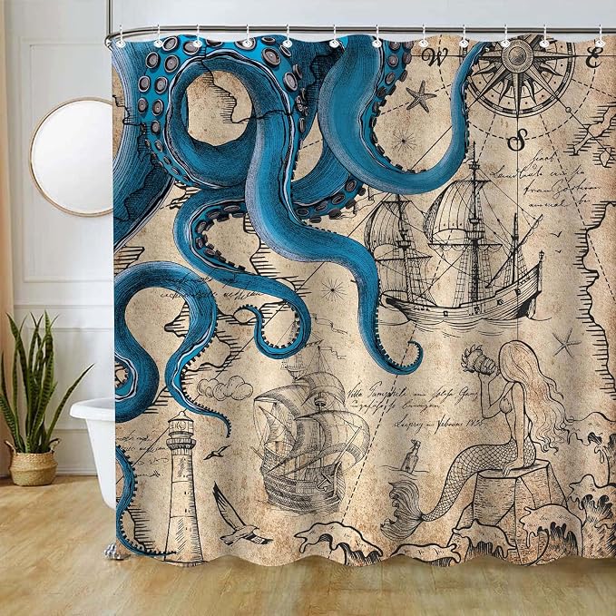 Fungarth Vintage Nautical Octopus Shower Curtain Navy Blue Mermaid Funny Ocean Kraken Shower Curtains for Bathroom Anchor Coastal Map Waterproof Fabric Bath Curtain Decor with Hooks (Retro, 72” x 72”)