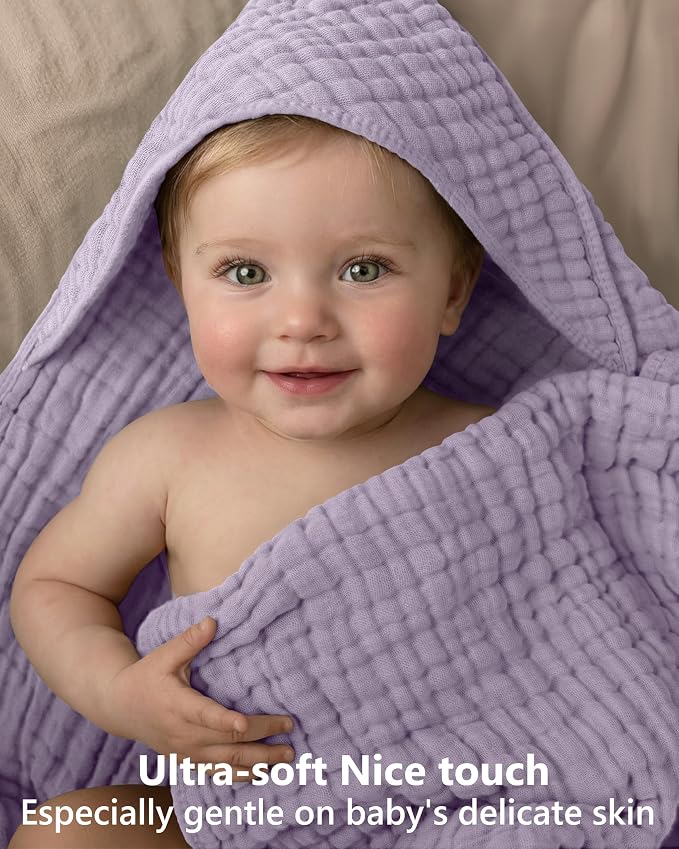 Baby Bath Towels, 100% Muslin Cotton Hooded Baby Towels for Newborn, 2 Pack Baby Towels with Hood for Infant Toddler and Kids, Large 32x32Inch Bath Essentials, Soft and Absorbent