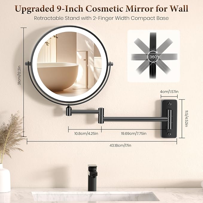 9" Large Wall Mounted Lighted Makeup Mirror, 5000mAh Rechargeable 1X/20X Magnifying Mirror with 3 Color Lights Touch Dimmable, Extended Arm 360° Swivel Bathroom Wall Mounted Makeup Mirror,Black Nickel
