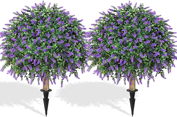 26'' Artificial Topiary Boxwood Ball Trees with Lavender 2 Pack Fake Plants for Outdoor Indoor Artificial Shrubs with Ground Spike UV Resistant Fake Bushes for Front Porch Garden (Purple)