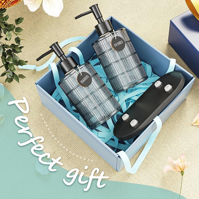 MASADI Soap Dispenser Set with Bamboo Tray, Dish and Hand Soap Lotion Dispenser Set with Wooden Pump for Kitchen and Bathroom Decor for Counter, Modern Vintage Liquid Soap Dispensers (Grey&Black)