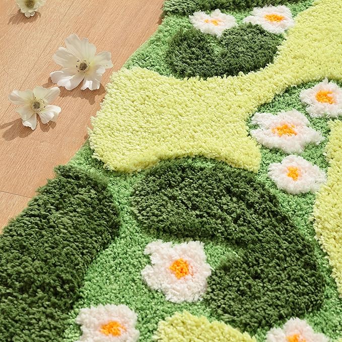 YIKUSH Moss Rug, Cute Green Plant Bath Mat with White Flowers, 43x20 Inch | Bathroom Decor Aesthetic, Soft Absorbent, Quick Dry, Machine Washable, Non Slip Bath Mat for Bedroom Shower Floor Home Decor