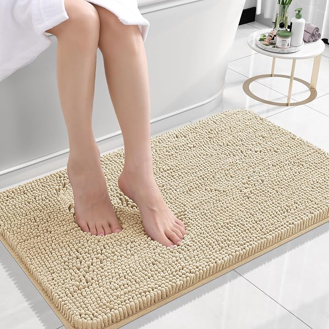 OLANLY Small Bathroom Rugs 24x16, Extra Soft Absorbent Chenille Bath Rugs | Beige, Quick-Drying Rubber Backing, Machine Washable Bath Mat for Bathroom Floor, Tub and Shower, Home Decor Accessories