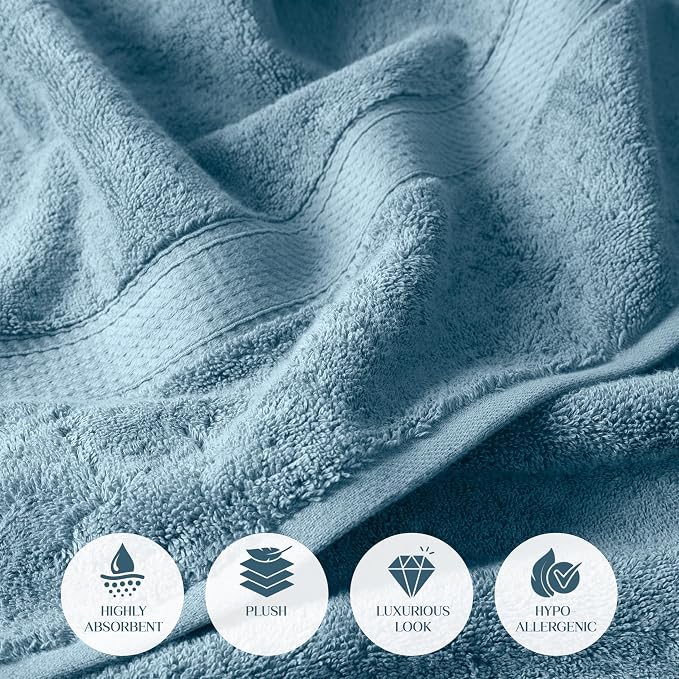 SUPERIOR Egyptian Cotton Ultra Plush & Absorbent, 12 Piece Set, Denim Blue | Heavyweight 12 Pc Egyptian Cotton Towel Set Includes 4 Bath Towels 4 Hand Towels 4 Washcloths Decorative Rope Border