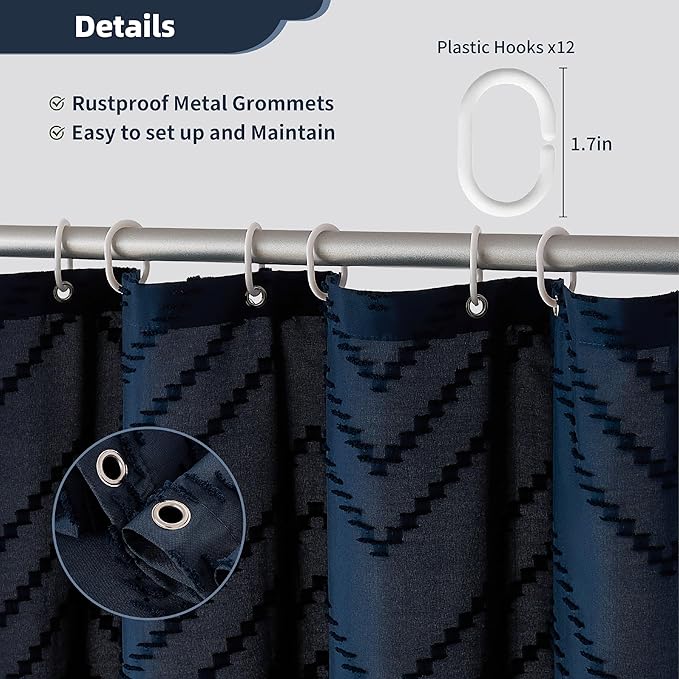 Siiluminisoy Navy Blue Shower Curtain Fabric Boho Shower Curtain Cloth Textured Tufted Chevron Elegant Shower Curtains Waterproof for Bathroom 72 x 72