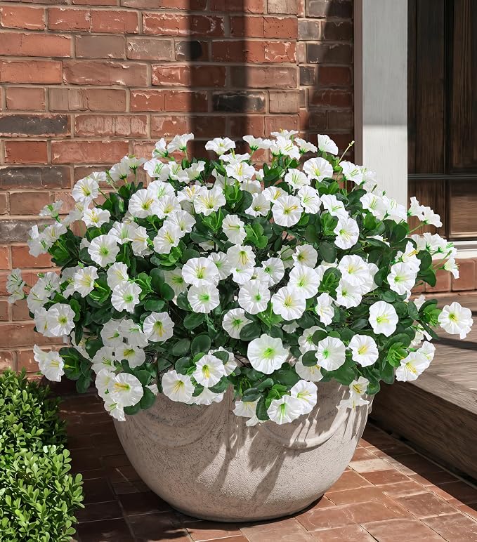 Artificial Flowers for Outdoors Fake Plants Outside Decoration, 4 Bundles Silk White Morning Glory UV Resistant Look Real Faux Flowers for Planter Front Door Porch Patio Yard Gardens Balcony