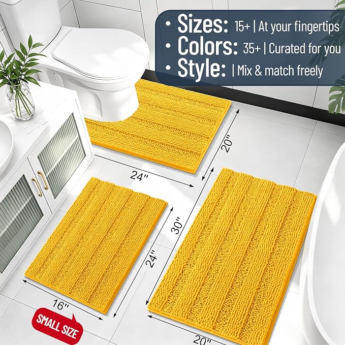 Smiry Thick Small Chenille Bathroom Rugs 24x16, Bath Mat, Golden Yellow | Quick‑Dry & Machine Washable, Non‑Slip Bath Carpet, Soft Striped Bath Rugs for Tub & Shower, Modern Home Decor Accessories