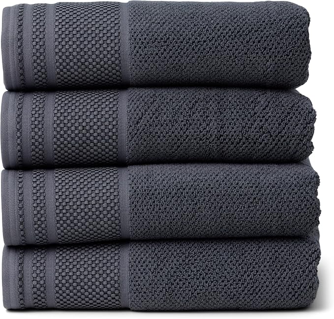 Texere 100% Organic Cotton Rice Weave Jacquard 700 GSM Luxury Bath Towel Sets - Ultra Soft and Absorbent Hotel and Spa Quality (Rice Weave, Charcoal, 4 Bath Towels)