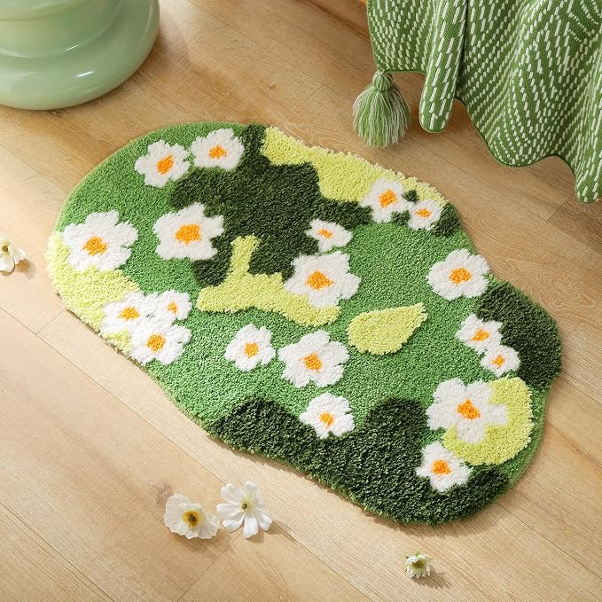 YIKUSH Moss Rug, Cute Green Plant Bath Mat with White Flowers, 32x20 Inch | Bathroom Decor Aesthetic, Soft Absorbent, Quick Dry, Machine Washable, Non Slip Bath Mat for Bedroom Shower Floor Home Decor