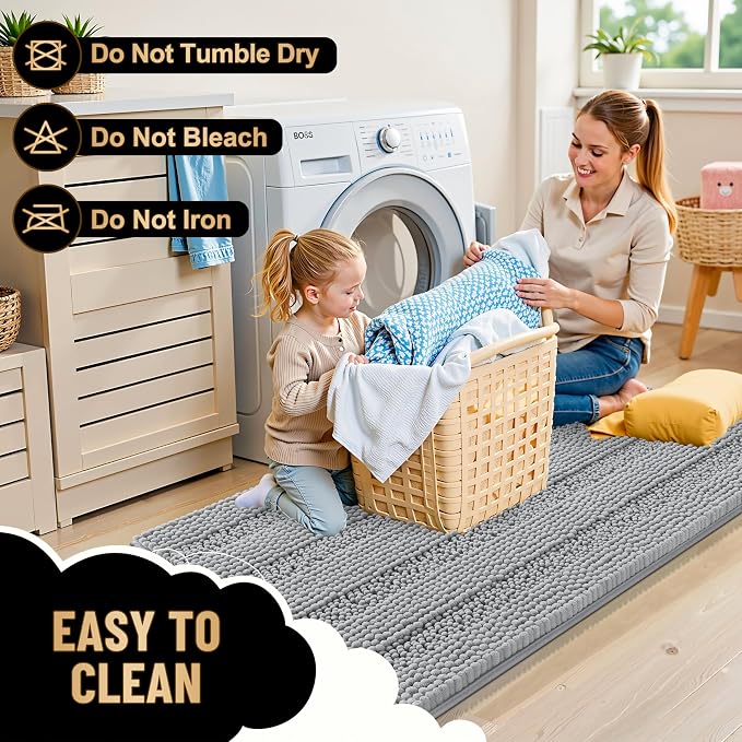 OLANLY Thick Bathroom Runner Rugs 44x24, Chenille Bath Rugs, Light Grey | Absorbent Striped, Rubber Backing, Machine Wash, Long Bath Mats for Bathroom Floor, Tub and Shower, Home Decor Accessories