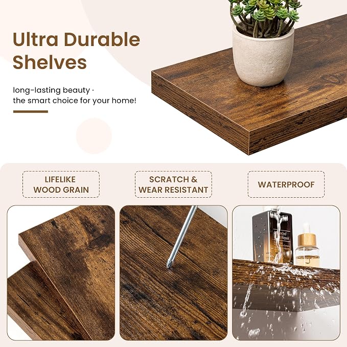 72in Floating Shelves for Wall,72"W x 9.25"D x 1.5"H, Rustic Brown | Long Wall Mounted Engineered Wood Shelves for Wall with Invisible Brackets for Living Room, Bedroom, Bathroom, Kitchen