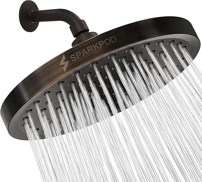 SparkPod Rain Shower Head, 8 Inch Round, Vintage Oil-Rubbed Bronze Finish | High Pressure Shower Heads, 90 Nozzles, Adjustable Showerhead, No Tools Needed, Universal Connection