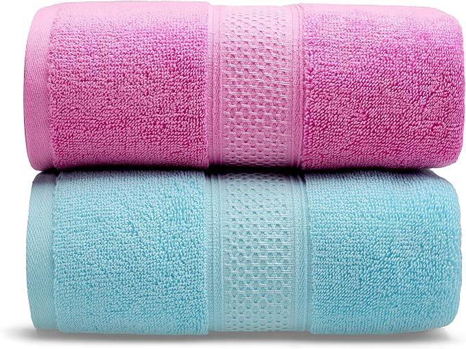 Cotton Bath Towels Set, 2-Piece Set(27x55 Inches) Super Absorbent Quick Drying, Soft,Suitable for Bathroom, spas, Gyms,Gift(Rose Pink,Sky Blue)