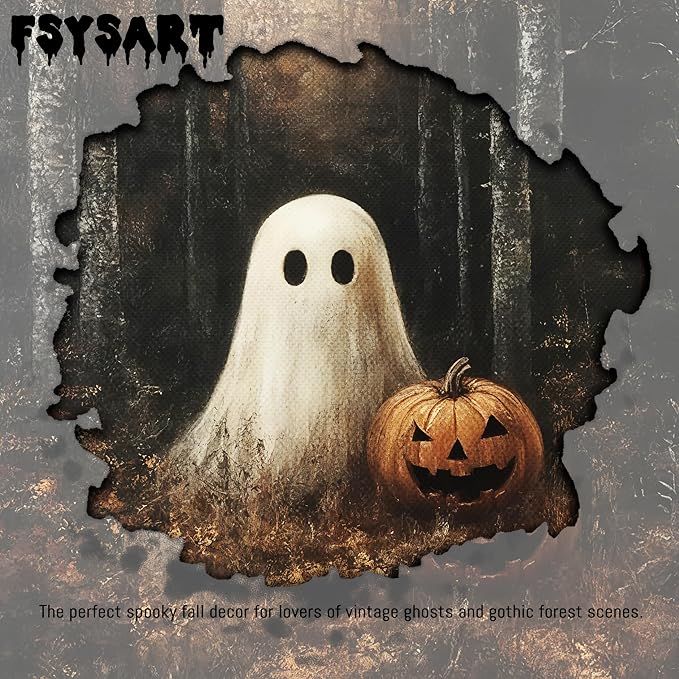Framed Vintage Halloween Ghost Wall Art, Cute Ghost with Pumpkin Lantern Canvas Print, Retro Dark Halloween Forest Poster, Whimsical Wall Decor for Living Room Bedroom Hallway, 8x10in