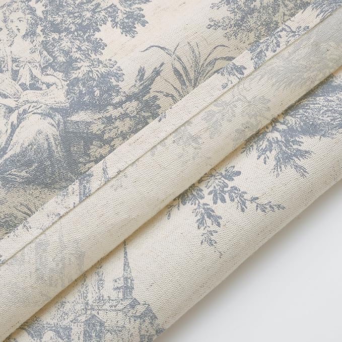 MUGINYU Ruffle Linen Shower Curtain with Blue and White Toile de Jouy for Vintage French Country Bathroom Decor Shabby Chic Chateau Toile Pattern 72x72 Inches
