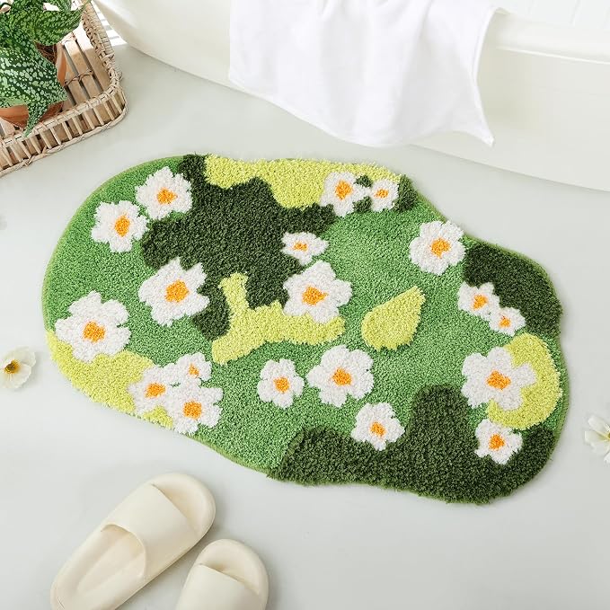 YIKUSH Moss Rug, Cute Green Plant Bath Mat with White Flowers, 32x20 Inch | Bathroom Decor Aesthetic, Soft Absorbent, Quick Dry, Machine Washable, Non Slip Bath Mat for Bedroom Shower Floor Home Decor