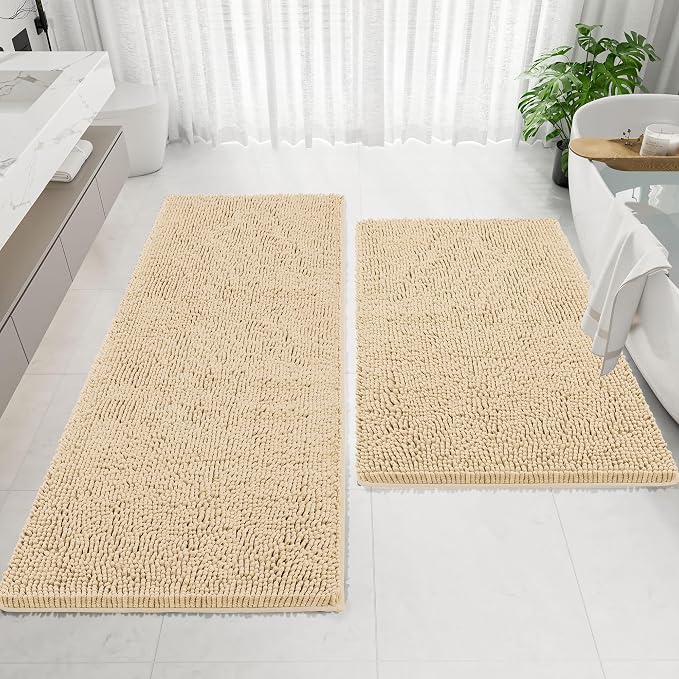 Bathroom Rugs Mat 48 x 36, Thick Soft Absorbent Chenille Bath Rugs, Rubber Backing Bath Mats for Bathroom Floor, Tub, Shower, Bedroom, Home Decor Accessories, Quick Dry Machine Washable, Beige