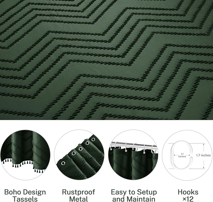 Siiluminisoy Boho Extra Long Dark Green Shower Curtain with Tassel, Woven Fabric Shower Curtain, Tufted Chevron Striped, 72 x 78, Modern Chic Textured Minimalist Bathroom Shower Curtains