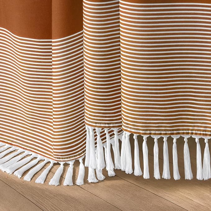 Boho Orange Fall Cotton Striped Shower Curtain with Tassel 72"W X 72"L | Boho Farmhouse Shower Curtains for Bathroom with Soft Cotton Feel
