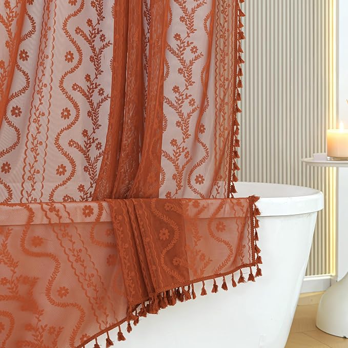 WAZZIO Bunrt Orange Lace Shower Curtain for Bathroom 72" W x 72" L, Victorian Farmhouse Floral Pattern Tassel Fancy Shower Curtain Boho Washable Cloth Decorative Bath Curtains,1 Panel