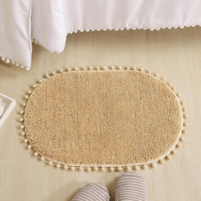 YIRDDEO Oval Rug for Bathroom, Cute Boho Bath Mat with Pom, Khaki | Soft Plush, Absorbent, Quick Dry, Machine Washable, Non Slip Bath Mat for Bathroom Shower Floor Home Decor