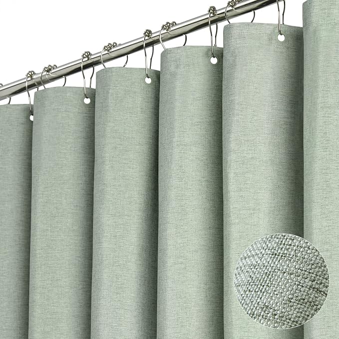60x72 Linen Textured Waterproof Fabric Shower Curtain Set, Sage Green | Narrow Size, 230GSM Polyester, Heavy Duty Cloth, Weighted Hem, 10 Plastic Hooks, Modern Luxury Hotel Style, Machine Washable