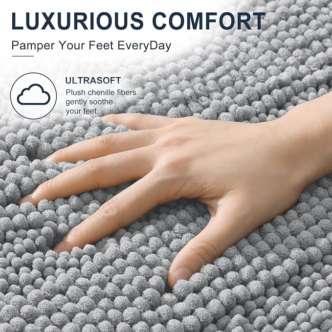 Smiry Thick Chenille Bathroom Runner Rugs 59x24, Soft Bath Mat, Light Grey | Quick‑Dry & Machine Washable, Non‑Slip Bath Carpet, Striped Bath Rugs for Tub & Shower, Modern Home Decor Accessories