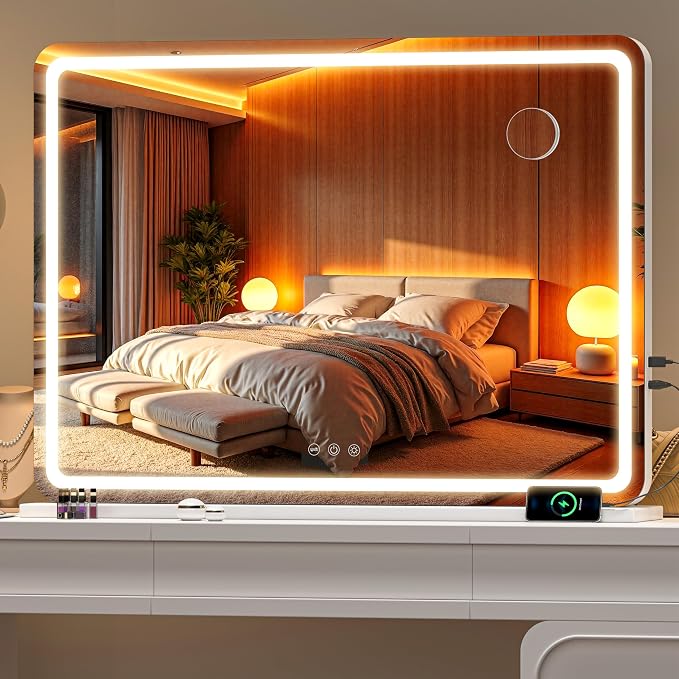 Vanity Mirror with Lights, 40" x 29" LED Makeup Mirror with 10X Magnification, Dimmable 3 Modes, Memory Function, Smart Touch, USB Charging Port, Lighted Makeup Mirror Round White