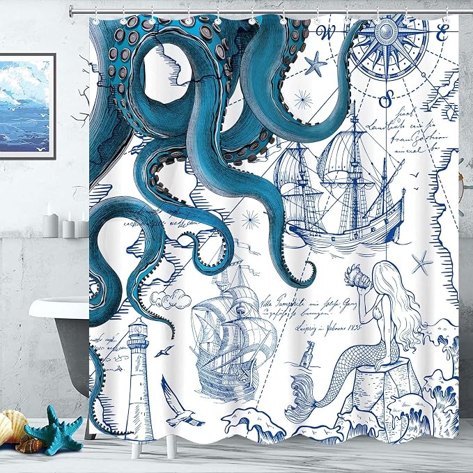 Fungarth Blue Nautical Octopus Shower Curtain Navy Mermaid Funny Ocean Kraken Shower Curtains for Bathroom Cool Anchor Coastal Map Waterproof Fabric Bath Curtain Decor with Hooks (Blue, 72” x 72”)