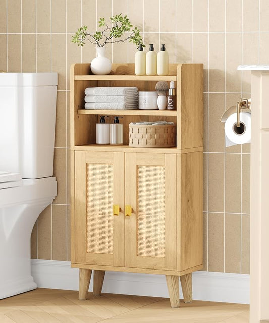 Akxomel Rattan Small Bathroom Storage Cabinet with Open Shelf 2 Doors Oak | Toilet Paper Storage Cabinet with Adjustable Shelf, Small Floor Cabinet, 7.9''D x 15.0''W x 31.5''H, for Small Spaces