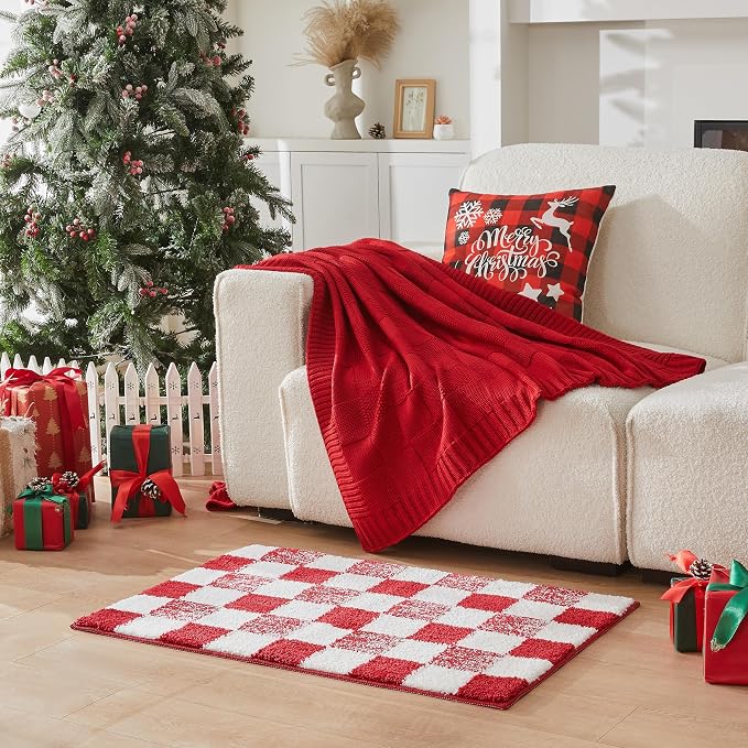 CozeCube Christmas Red Checkered Bath Mat 36"x24" Non Slip Washable Rug | For Bathroom Non Slip, Fluffy Absorbent Microfiber Bath Mats Machine Wash, Stylish Long Aesthetic Bathroom Rugs