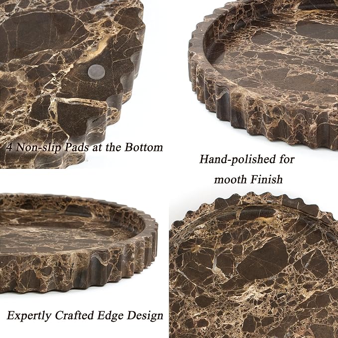 Natural Marble Tray for Bathroom, Dark Brown, Round, 11 Inch | Real Stone Decorative Vanity Tray with Fluted Edge, Large Round Marble Serving Storage Tray for Counter, Dresser, Home Decor