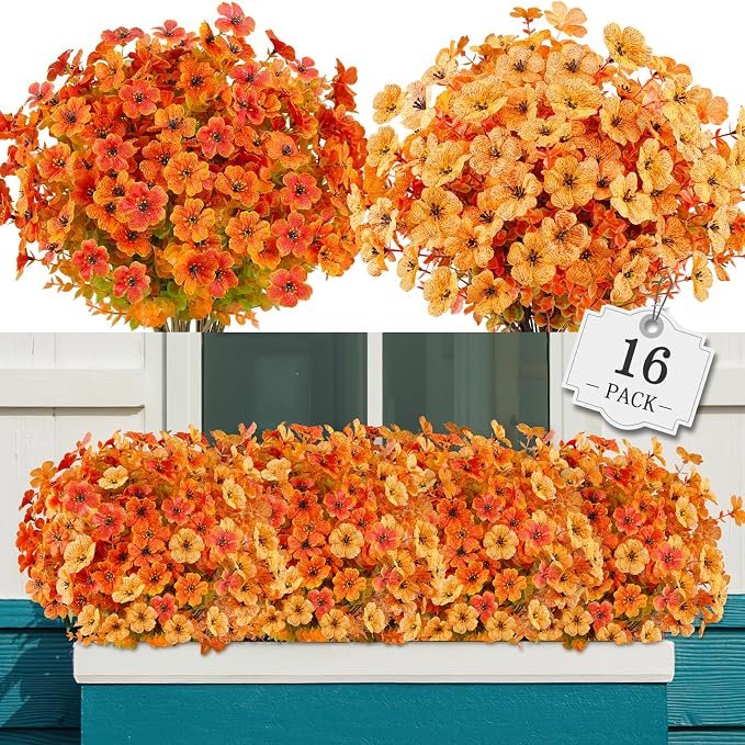 AGIRL Artificial Fall Flowers Fake Mums Outdoor,Faux Plant Porch Decor Home | 16 Bundles,No Fade Autumn Plastic Flowers for Thanksgiving Decoration,Hanging Planters Outside Pottery Barn Garden Patio