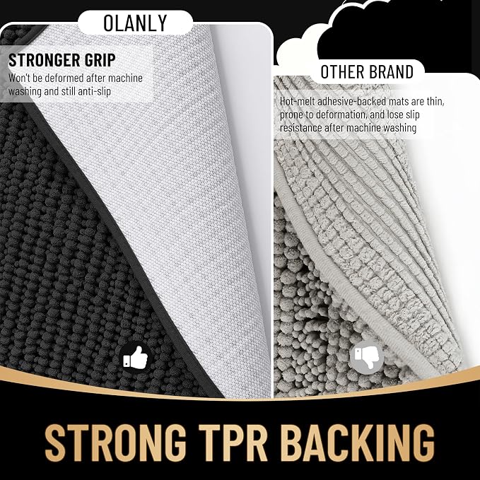 OLANLY Thick Chenille Bathroom Rugs 34x21, Soft Absorbent Bath Mat, Black | Bath Rugs, Rubber Backing, Machine Wash Dry, Bath Mats for Bathroom Floor, Tub and Shower, Home Decor Accessories