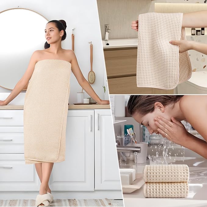 POLYTE 430 GSM Poly Blend Microfiber Quick Dry Waffle Bath Towel Set of 6 | 2-Body Towels, 2-Hand Towels, 2-Wash cloths, Oversize, Lint Free