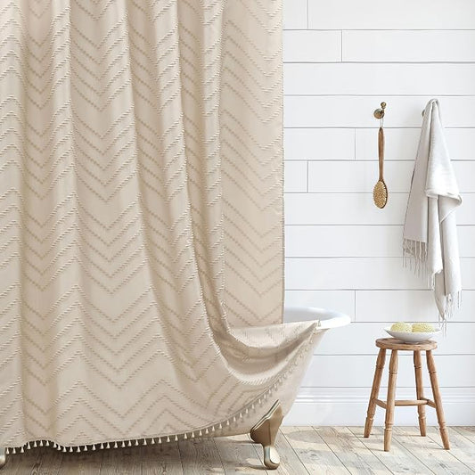 Siiluminisoy Extra Long Beige Boho Shower Curtain with Tassel, Woven Fabric 90 in, Tufted Chevron Striped, 72 x 90, Modern Chic Textured Minimalist Bathroom