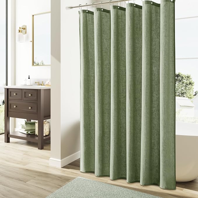 Sage Green Shower Curtain 80 inches Long, Linen Rustic Weighted Fabric Shower Curtain Set with Hooks, Bohemian Country Thick Bath Curtains for Bathroom,72x80