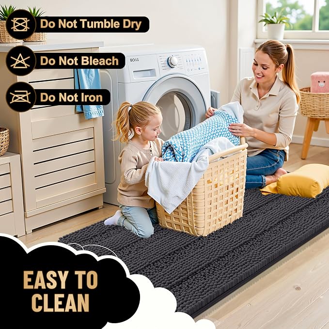 OLANLY Thick Large Bathroom Rugs 50x30, Soft Chenille Bath Rugs, Dark Grey | Absorbent Striped, Rubber Backing, Machine Wash Dry, Bath Mats for Bathroom Floor, Tub and Shower, Home Decor Accessories