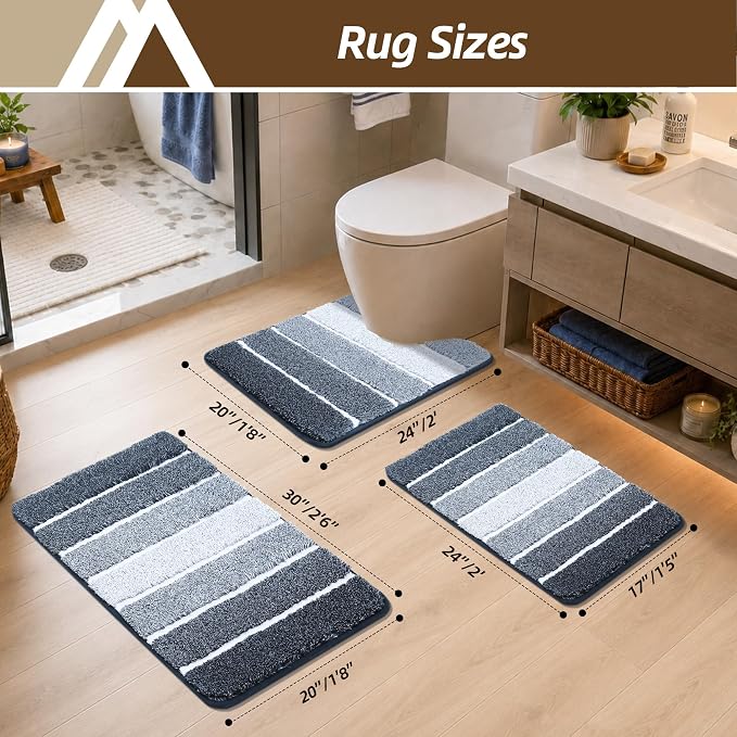 COSY HOMEER Bathroom Rugs 30x20, Ultra Soft Absorbent Bath Mat | Non-Slip TPR Backing Stays in Place, Machine Washable Bath Rug Shaggy Rug for Bathroom Floor, Dark Blue & White