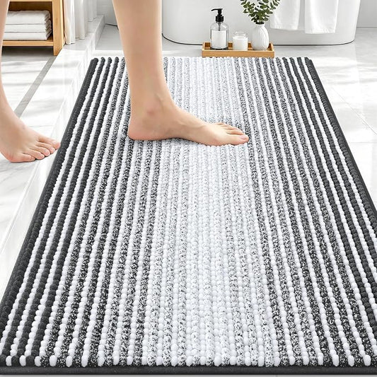 OLANLY Bathroom Rugs 30x20, Soft Chenille Striped Bath Rugs, Dark Grey | Extra Absorbent, Rubber Backing, Machine Wash Dry, Bath Mats for Bathroom Floor, Tub and Shower, Home Decor Accessories