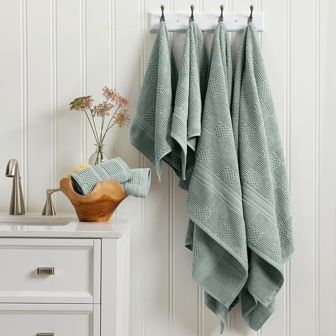 100% Cotton Bath Towel Set | 4-Pack | Textured | Eucalyptus | Luxury Geometric Design | Absorbent & Quick-Dry Bathroom Towels | Textured and Durable Cotton Towels for Bathroom | OEKO-TEX