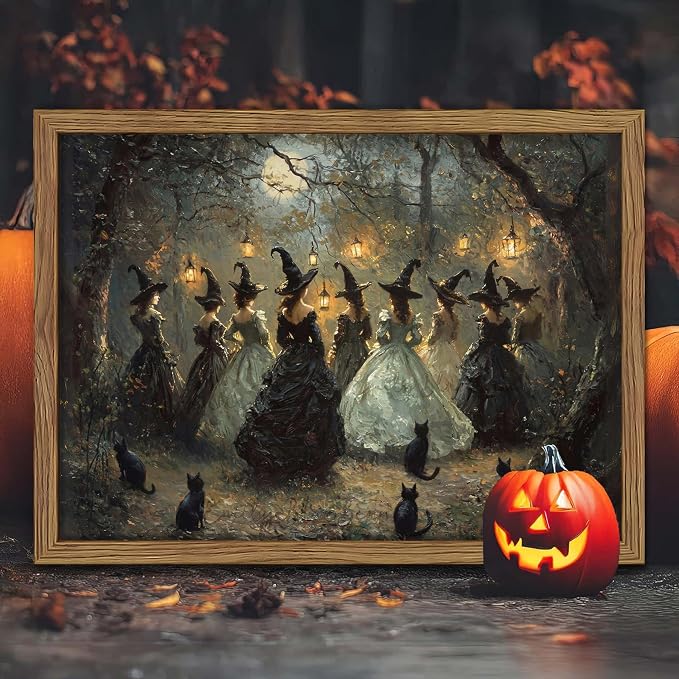 Framed Vintage Halloween Witches Wall Art, Dark Academia Gothic Black Cat Painting Canvas Prints, Halloween Wall Decor, Coven of Witches Dancing Scene Forest Poster for Living Room 8x10in