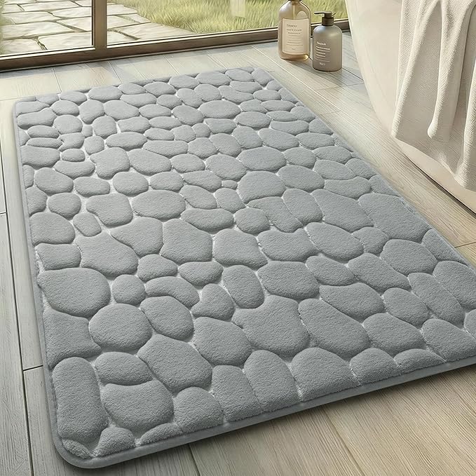 Memory Foam Bath Mat Cobblestone Bathroom Rugs Super Water Absorbent Bath Mats for Bathroom Machine Washable Bath Rugs(20x32,Light Gray)
